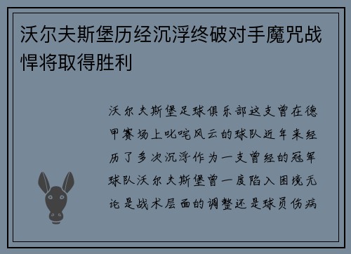 沃尔夫斯堡历经沉浮终破对手魔咒战悍将取得胜利