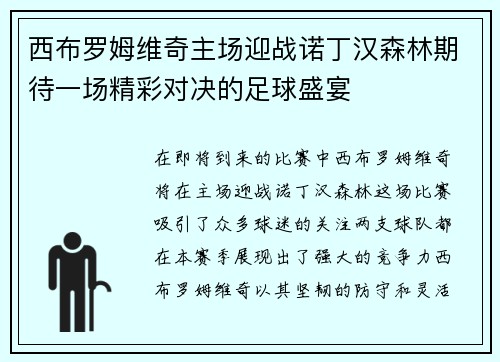 西布罗姆维奇主场迎战诺丁汉森林期待一场精彩对决的足球盛宴
