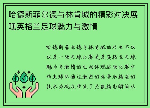 哈德斯菲尔德与林肯城的精彩对决展现英格兰足球魅力与激情