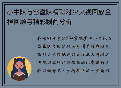 小牛队与雷霆队精彩对决央视回放全程回顾与精彩瞬间分析