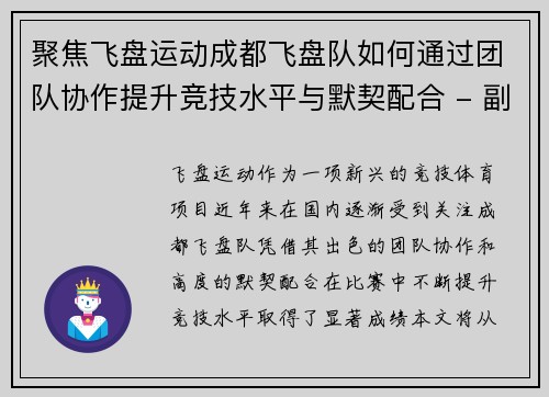 聚焦飞盘运动成都飞盘队如何通过团队协作提升竞技水平与默契配合 - 副本